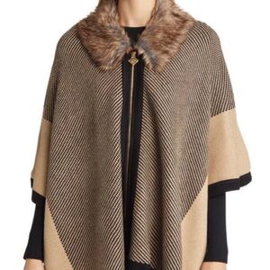 Anne Klein Zip Poncho With Faux Fur Collar In Light Coffee